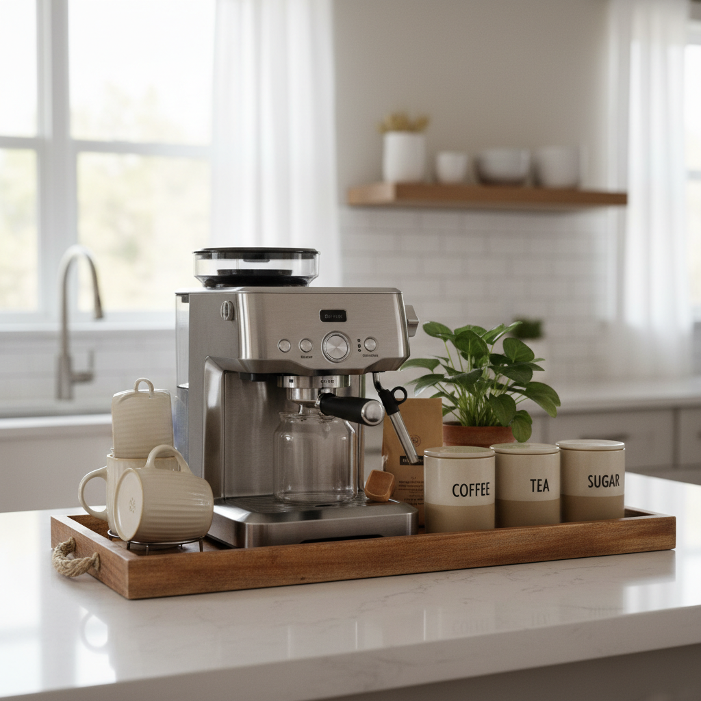 Minimal coffee station organized on a tray to prevent counter clutter
