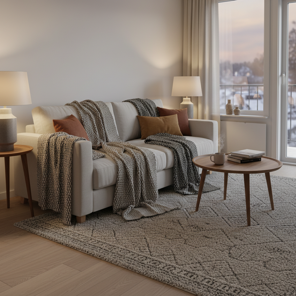 Cozy winter apartment living room with warm lighting and layered textiles
