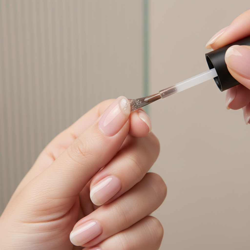Applying glossy top coat to seal the free edge for a long lasting manicure