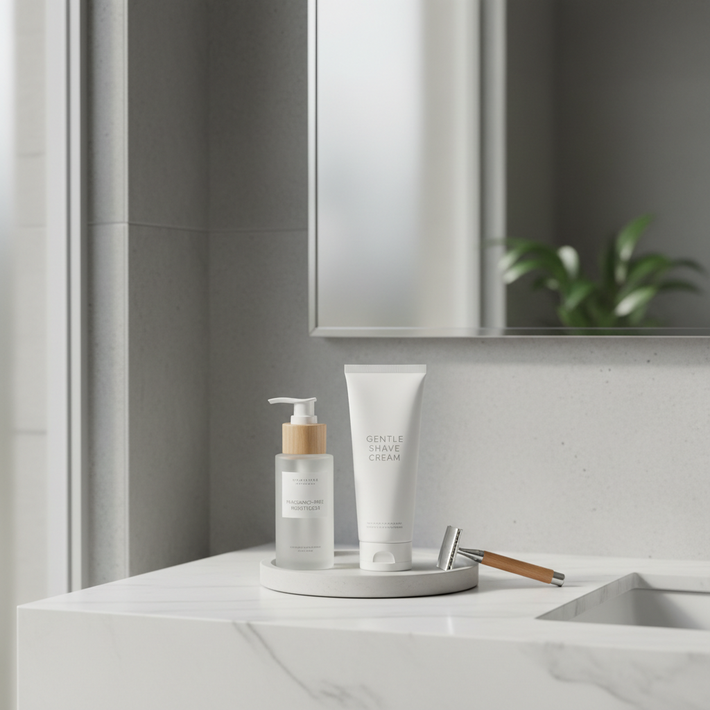 Gentle shaving routine for sensitive skin with shaving cream and moisturizer