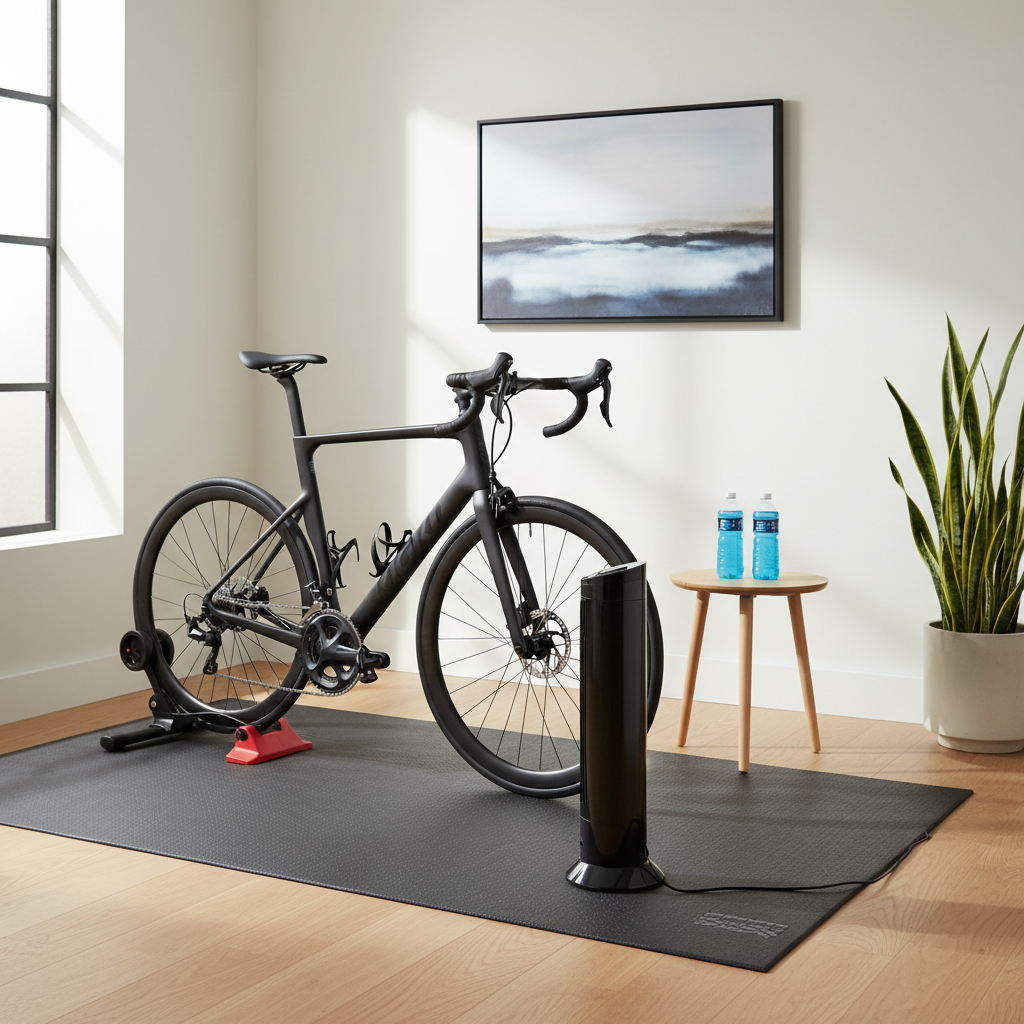 Home cycling setup with trainer mat, fan, and front wheel riser block