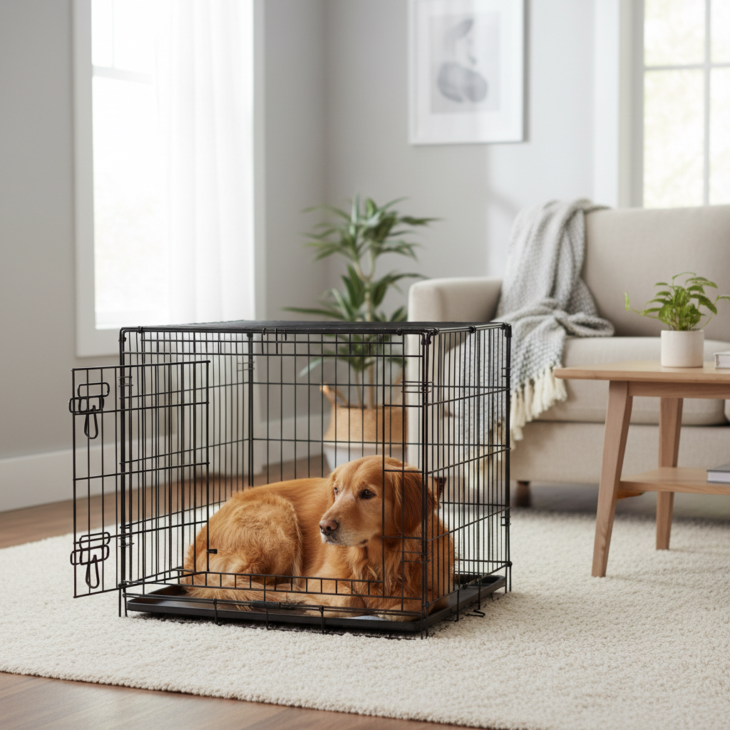 Dog resting calmly in a properly sized training crate at home