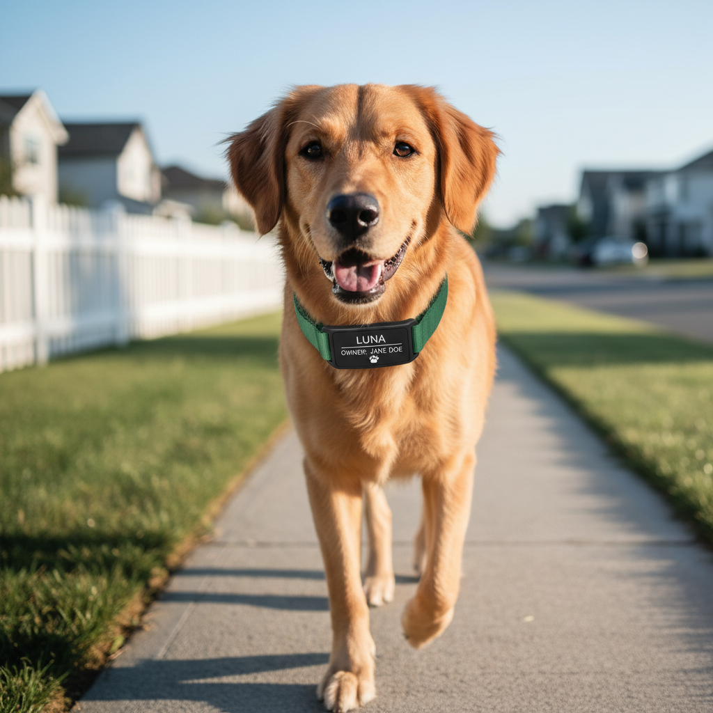 Dog wearing a collar with a quiet slide-on silicone personalized ID tag