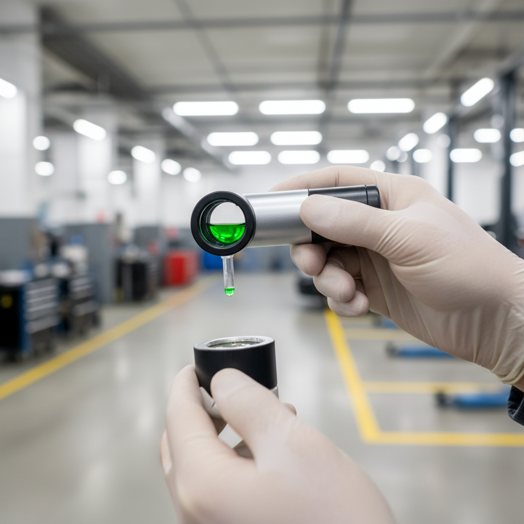 Technician using a coolant tester to check antifreeze mixture strength