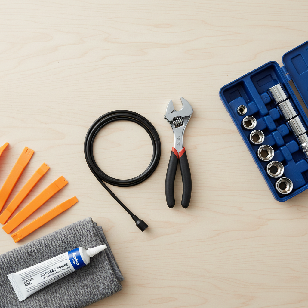 Tools for fixing a car antenna mast laid out on a clean work surface