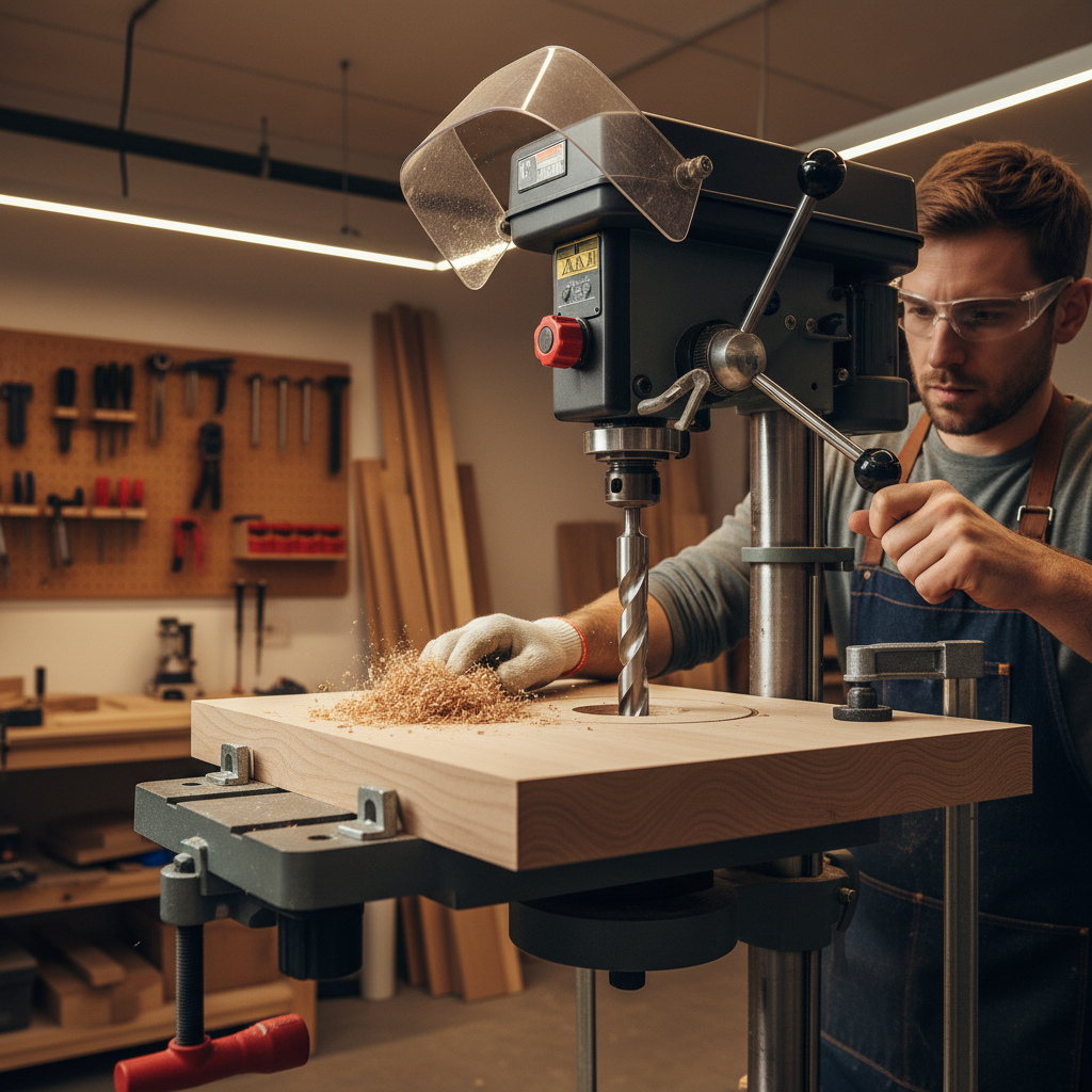 Woodworker clearing chips while drilling a recessed hole with a Forstner bit using a drill press
