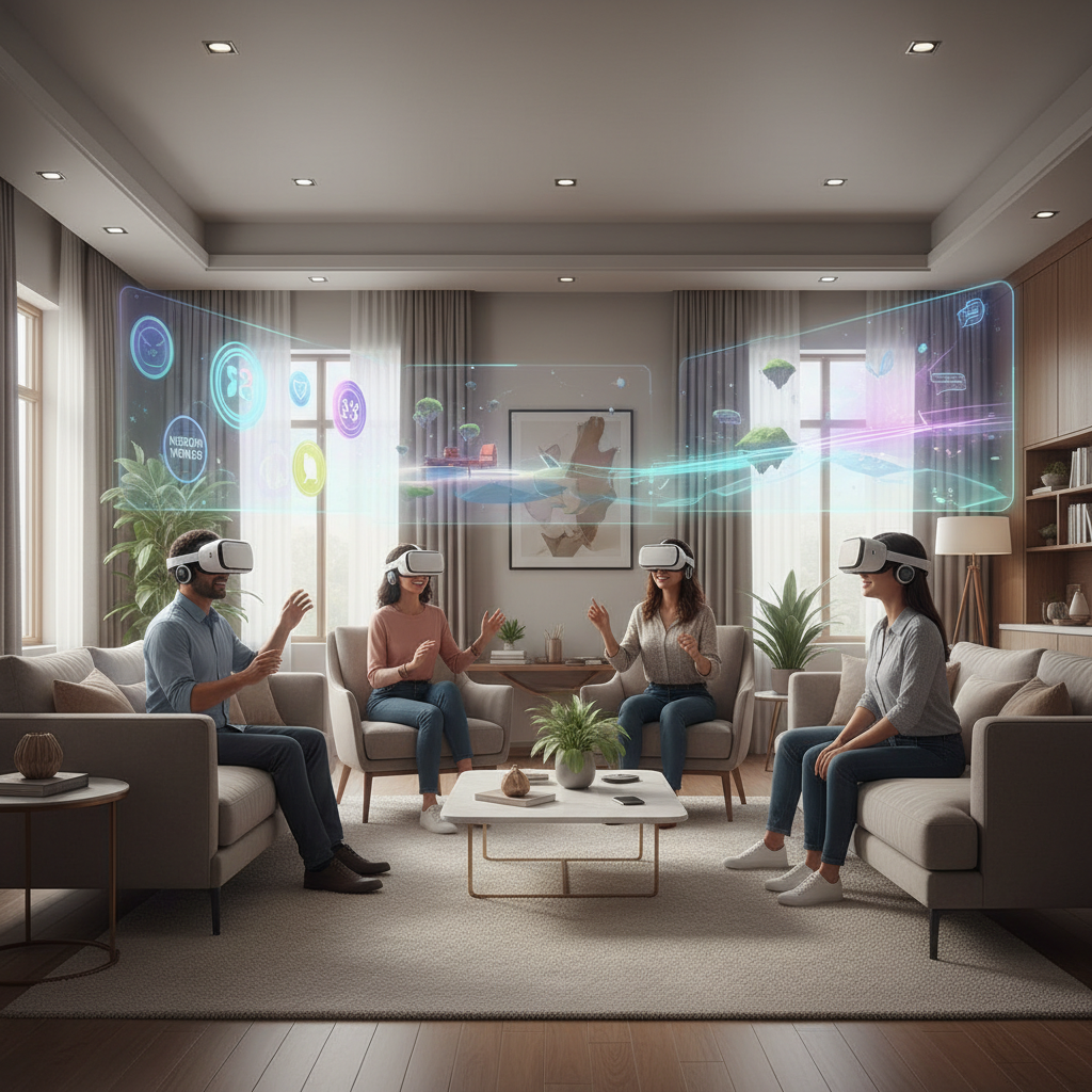People using VR headsets in a virtual social lounge comparing apps