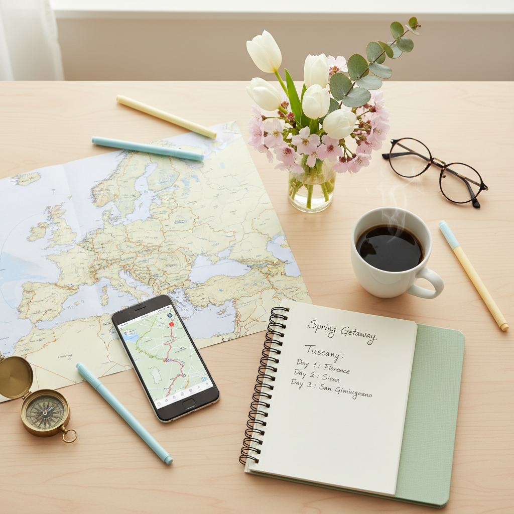 Spring road trip planning with map, phone, and coffee on a sunny table