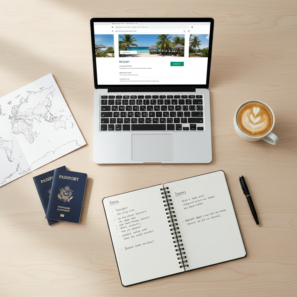 Luxury honeymoon planning table with laptop, passports, and destination map