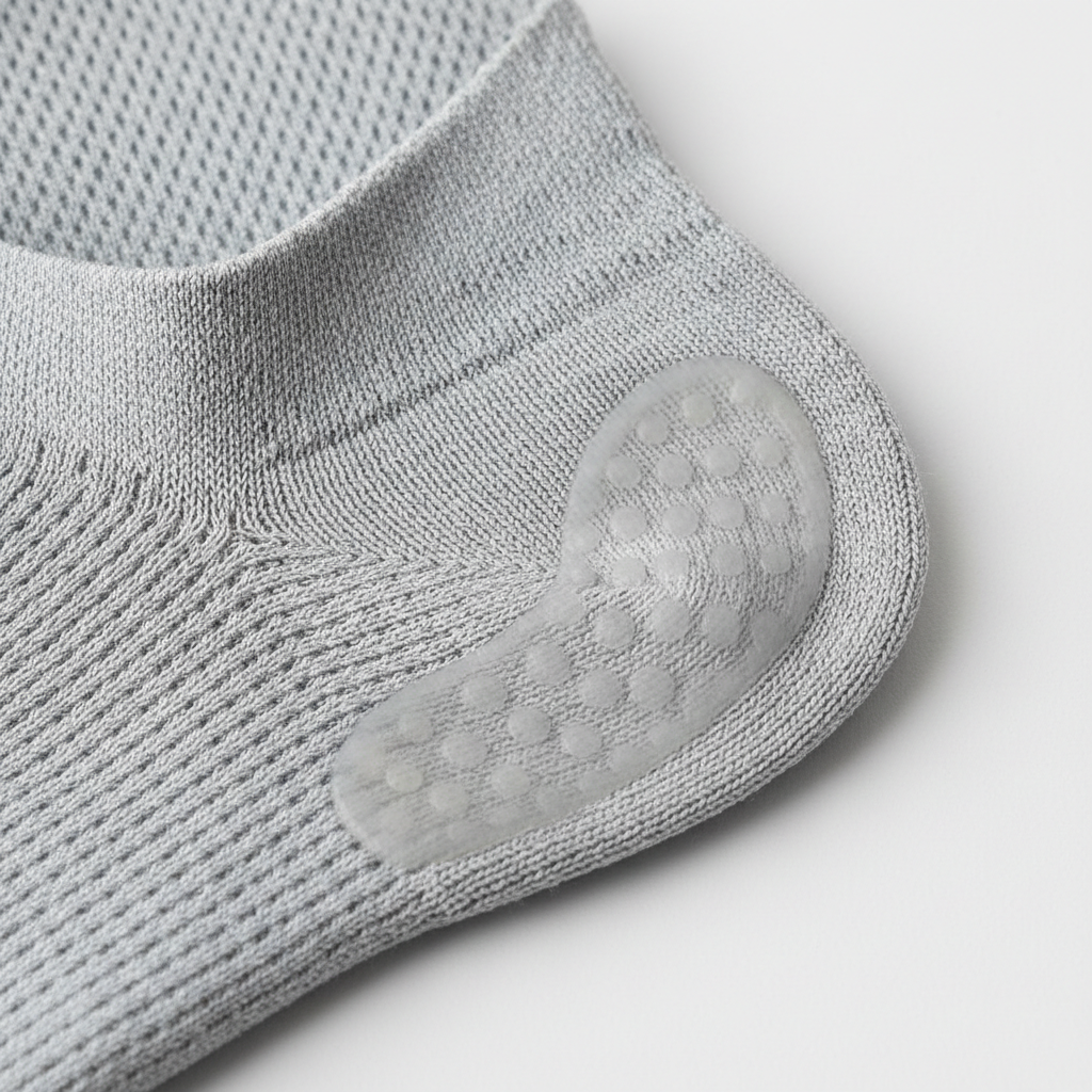 Close-up of sock fabric showing breathable knit and silicone heel grip detail