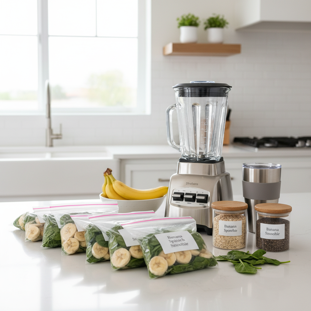 Meal prep banana smoothie freezer packs and a blender on the counter