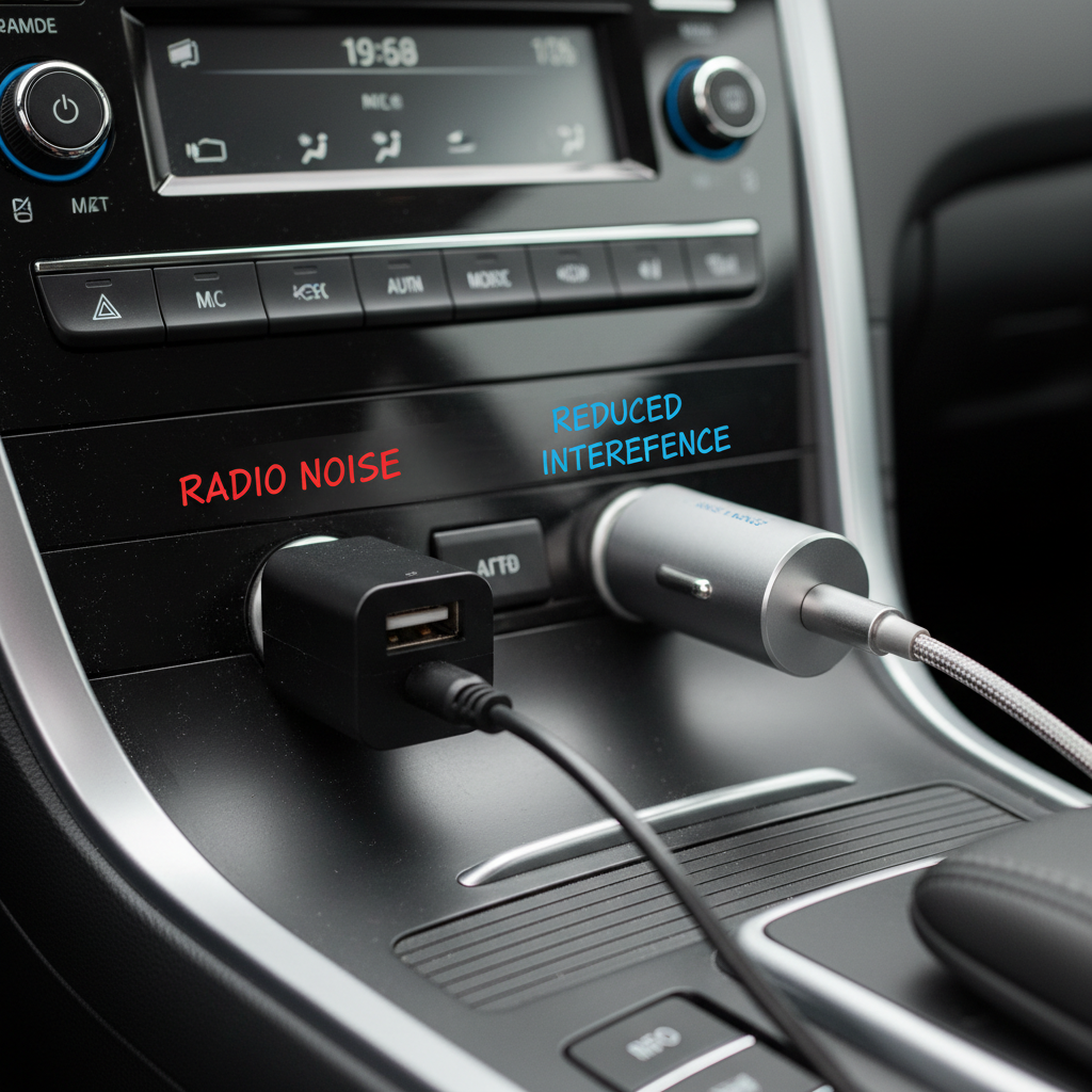 Side-by-side comparison of noisy car charger causing radio static versus a shielded charger