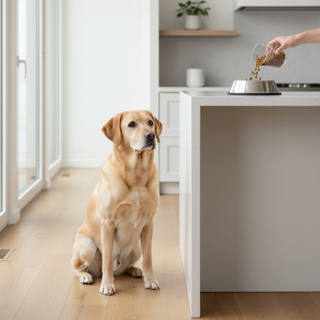 Labrador retriever waiting for dog food portioned in a bowl