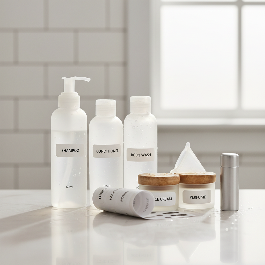 Refillable travel bottles and labels for decanting skincare and hair products
