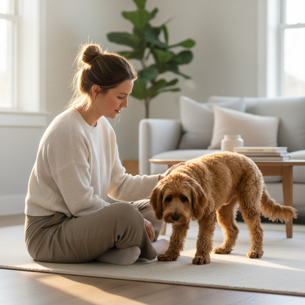 Owner comforting an anxious dog at home in a calm living room