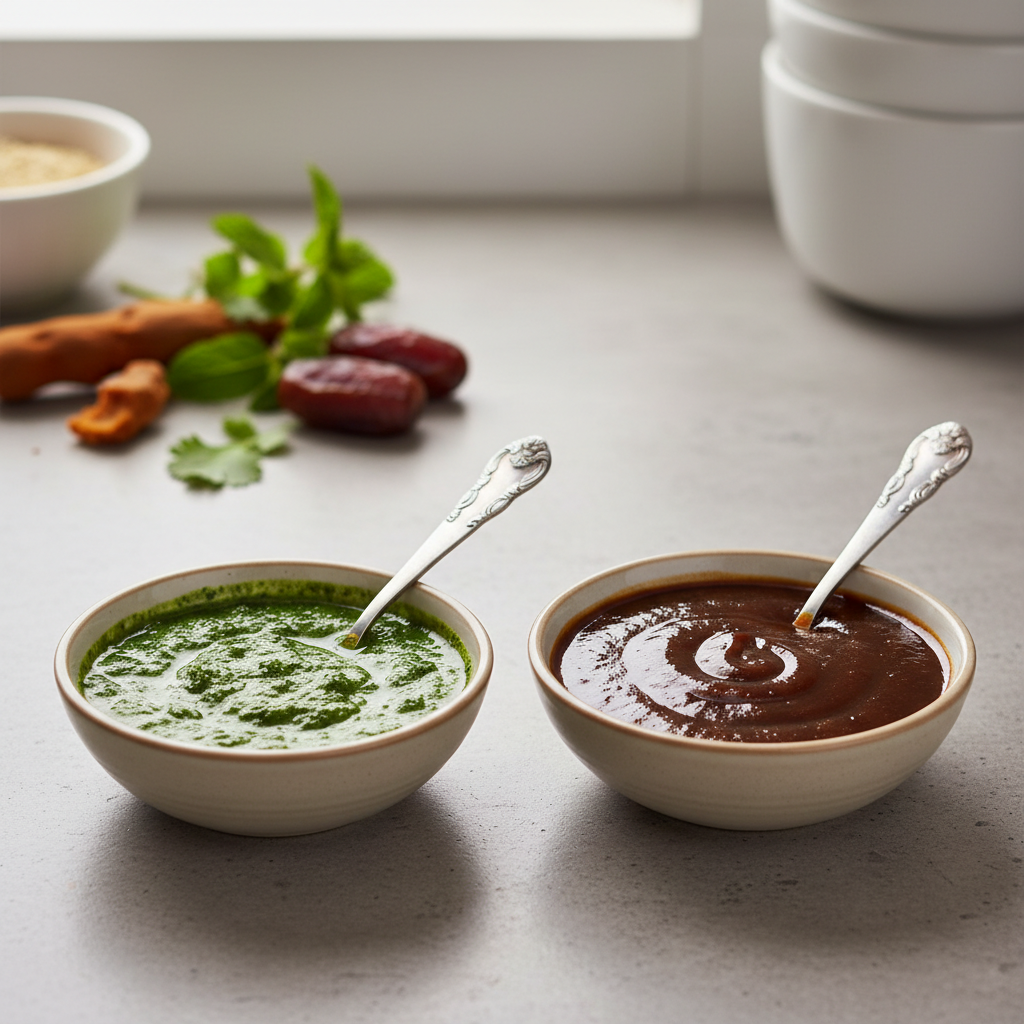 Green chutney and tamarind-date chutney in bowls for sev puri