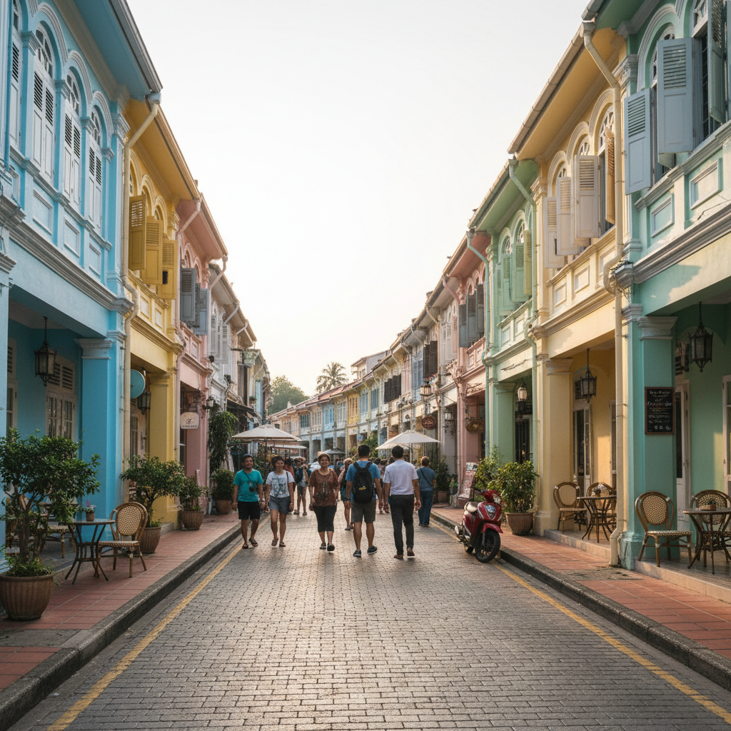 Phuket Old Town street with colorful Sino-Portuguese buildings and cafes
