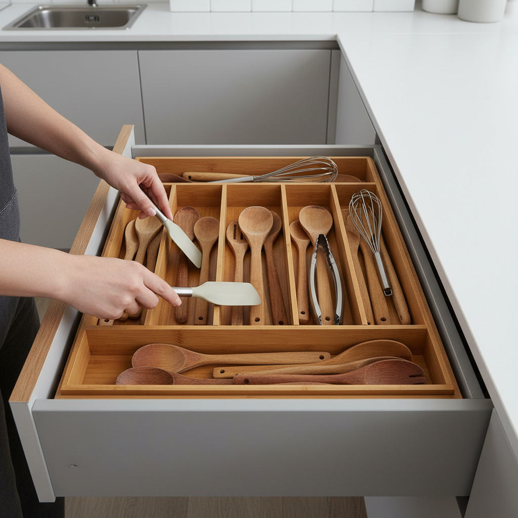 Hands placing utensils into an expandable organizer tray inside a kitchen drawer