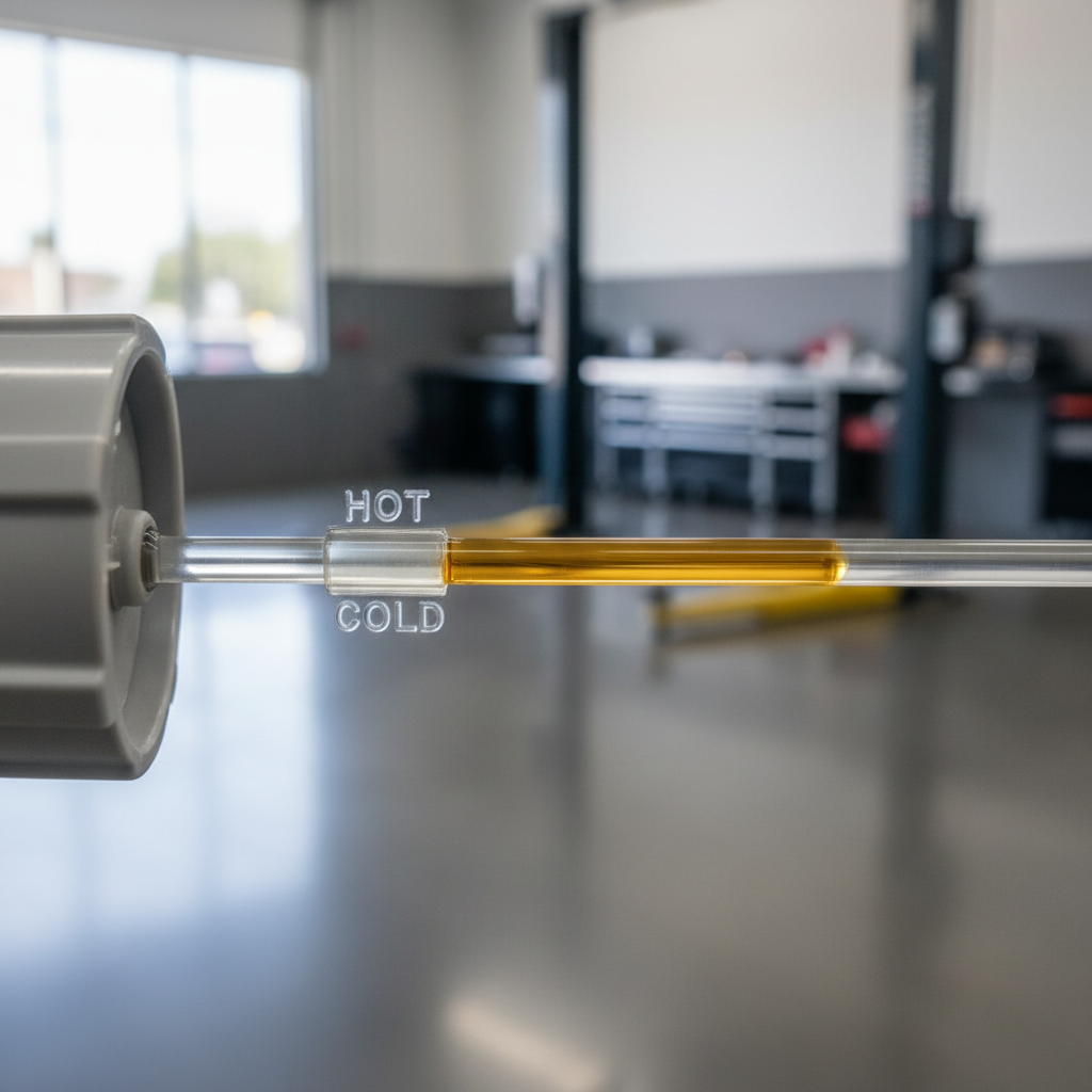 Close-up of power steering reservoir dipstick with hot and cold level marks