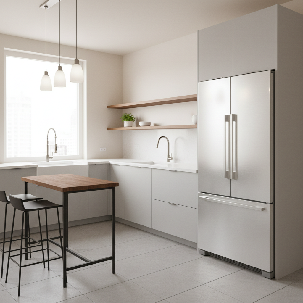 Counter-depth refrigerator aligned with small kitchen cabinets