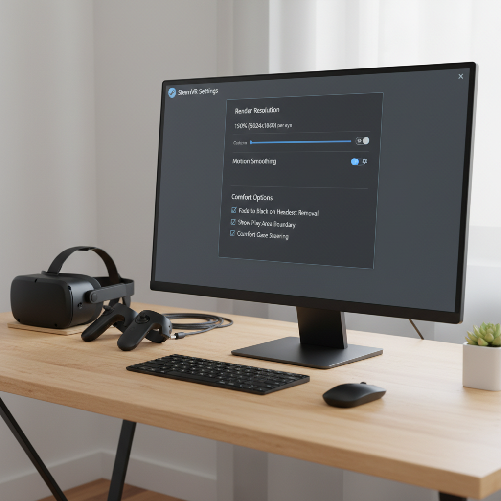 SteamVR settings panel showing render resolution and comfort options for smooth performance