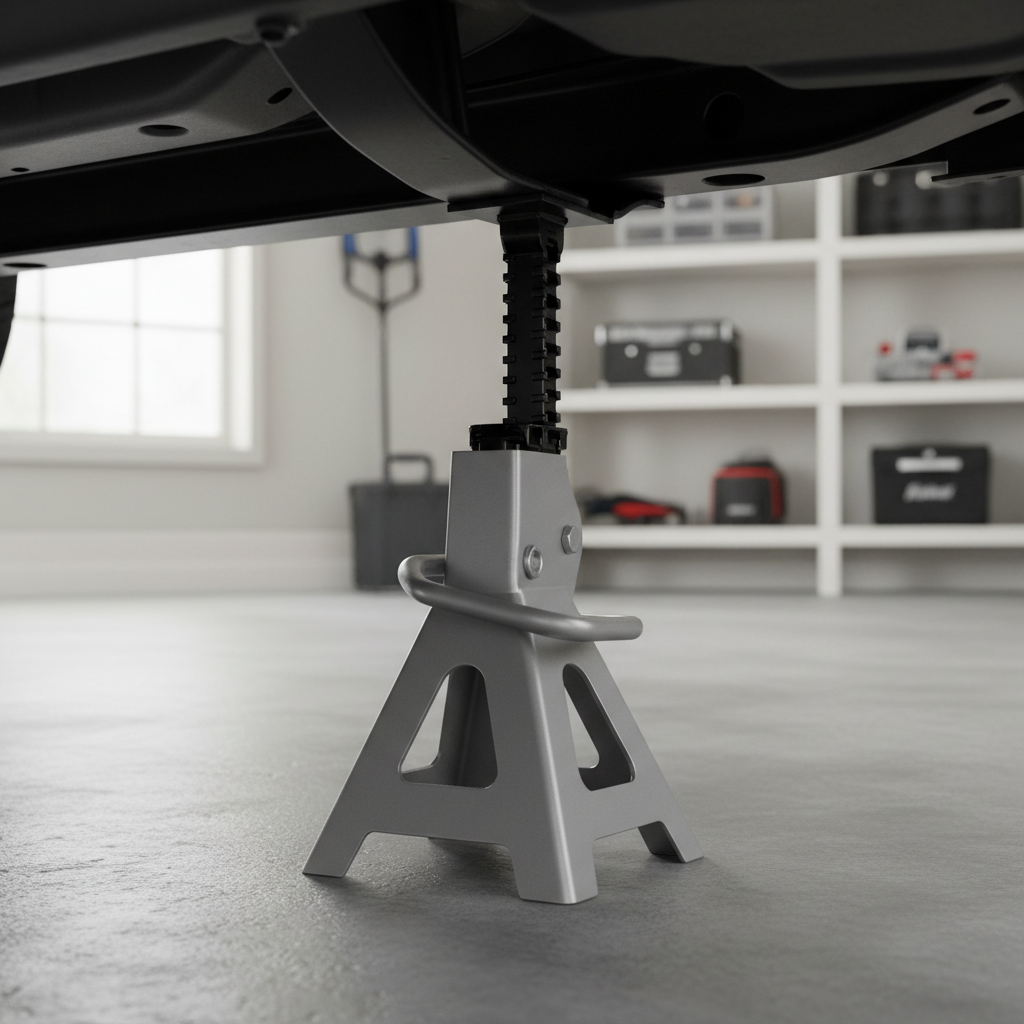 Heavy duty car jack stand supporting a vehicle frame safely in a home garage