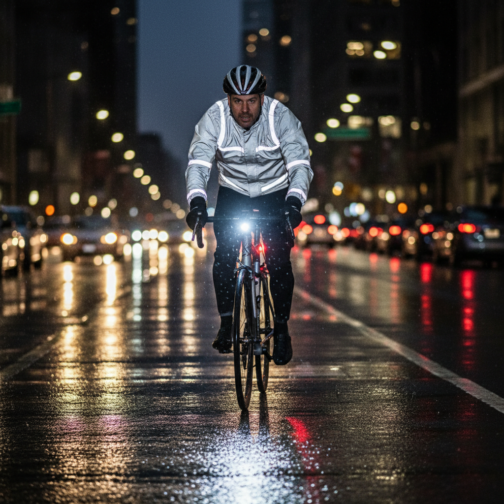 Night cyclist with bright front light and rear red light on a city street