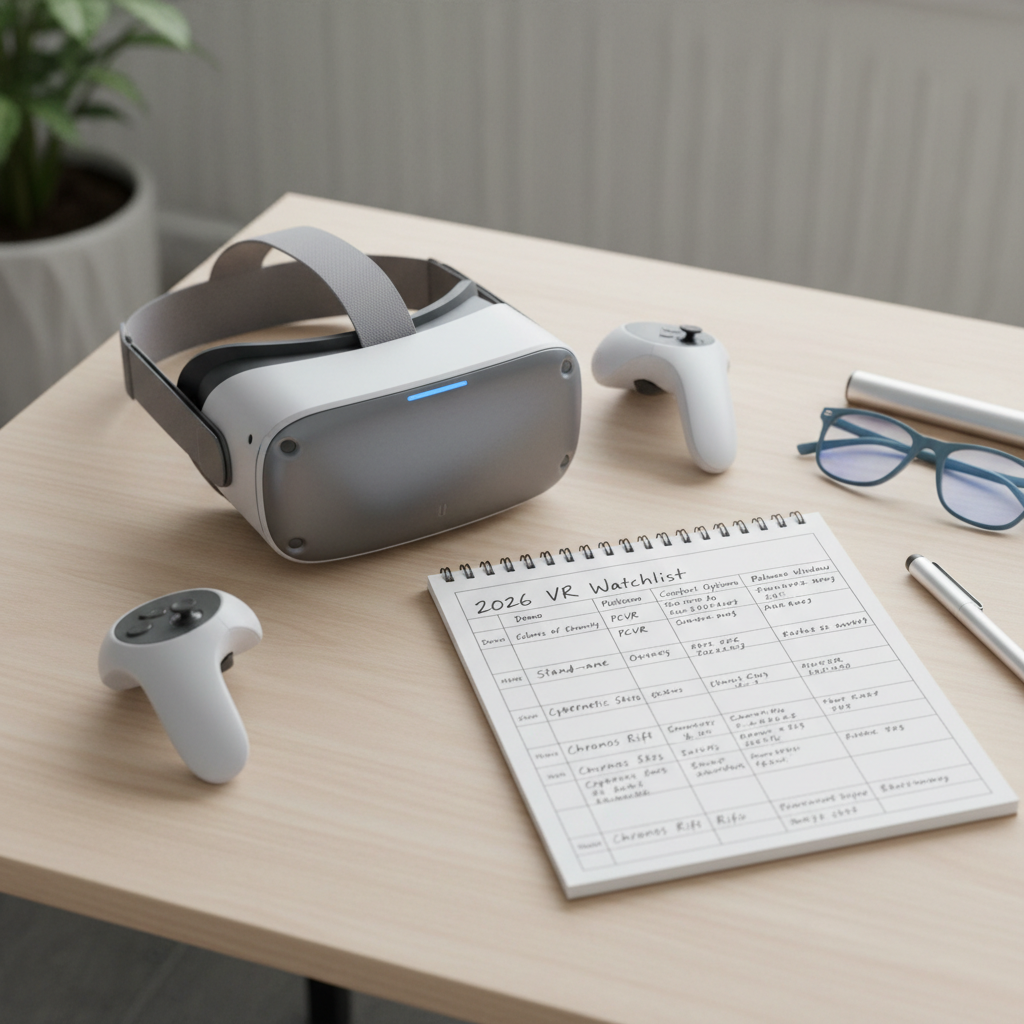 VR headset, controllers, and a notebook checklist for tracking upcoming VR games in 2026