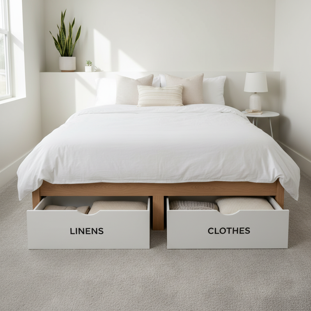 Minimalist small bedroom with under bed rolling drawers and clear labels
