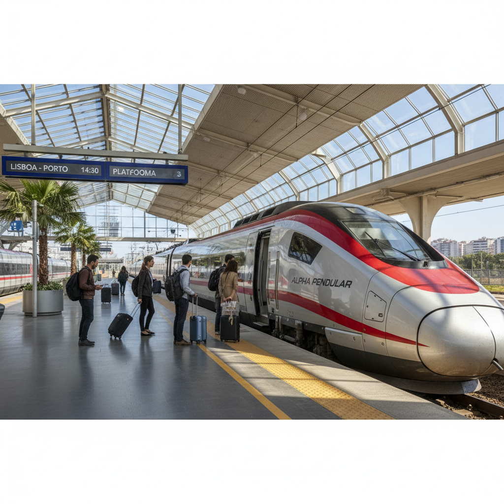 Lisbon to Porto high-speed train at platform with clear signage
