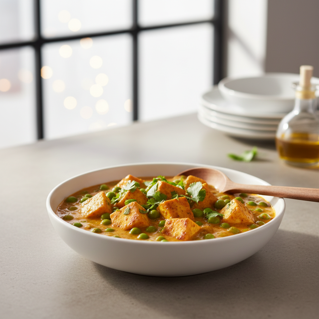 Bowl of creamy mattar paneer with green peas and paneer cubes