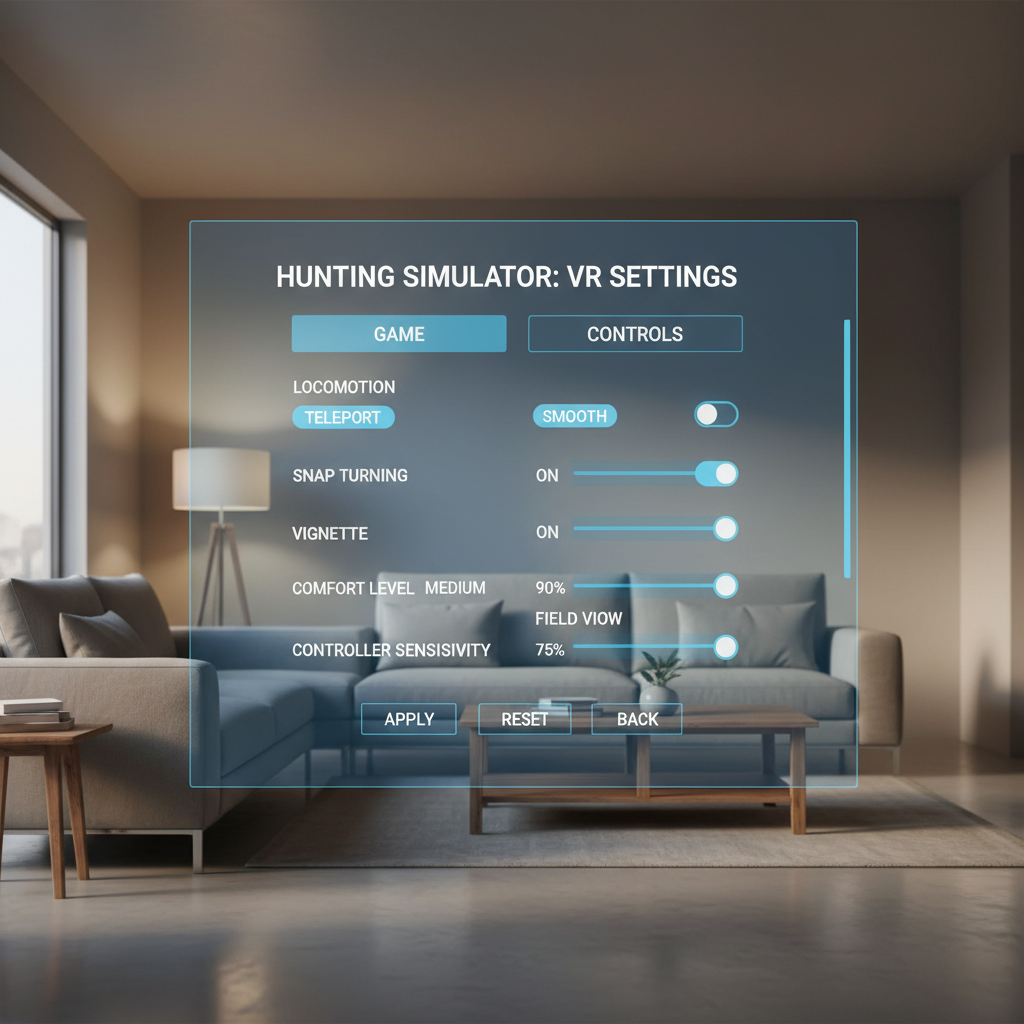 VR comfort settings menu for locomotion and turning options in a hunting game