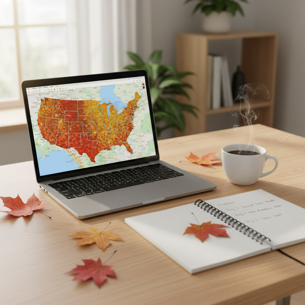 Fall road trip planning map with foliage regions and travel notes
