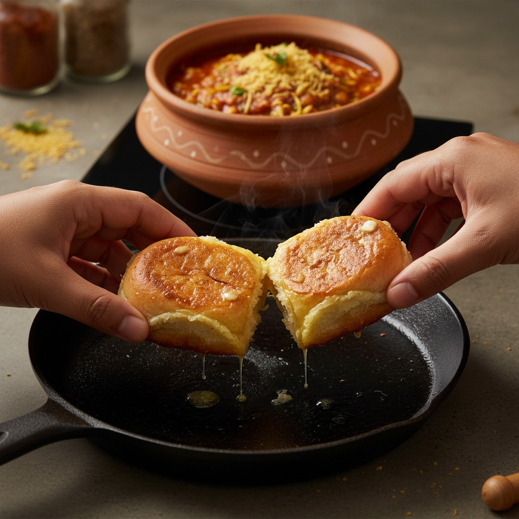 Toasting pav rolls on skillet for misal pav serving