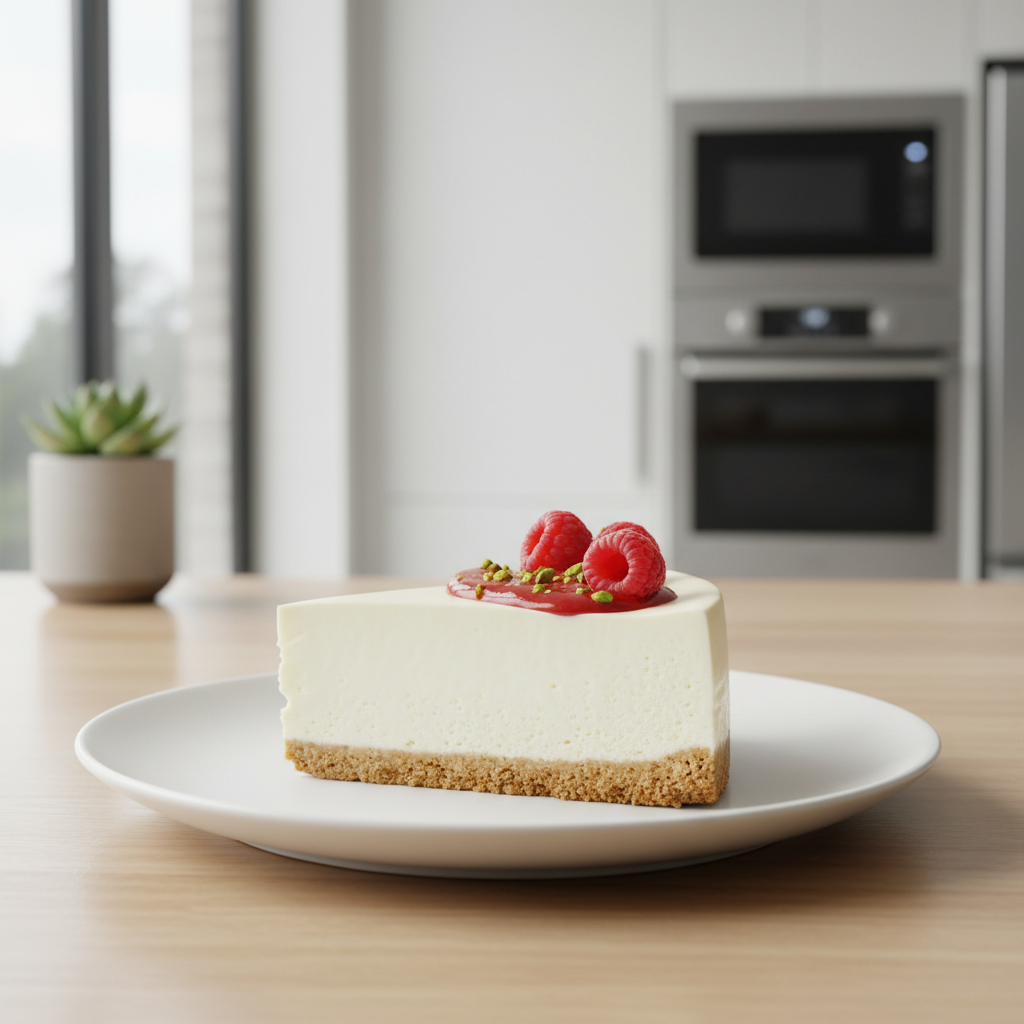 Slice of no bake cheesecake on a plate with graham cracker crust