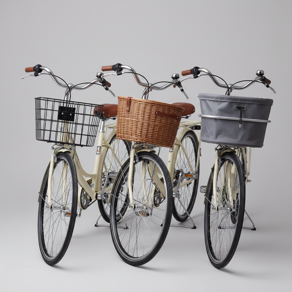 Comparison of wire, wicker, and fabric bike baskets on different bikes