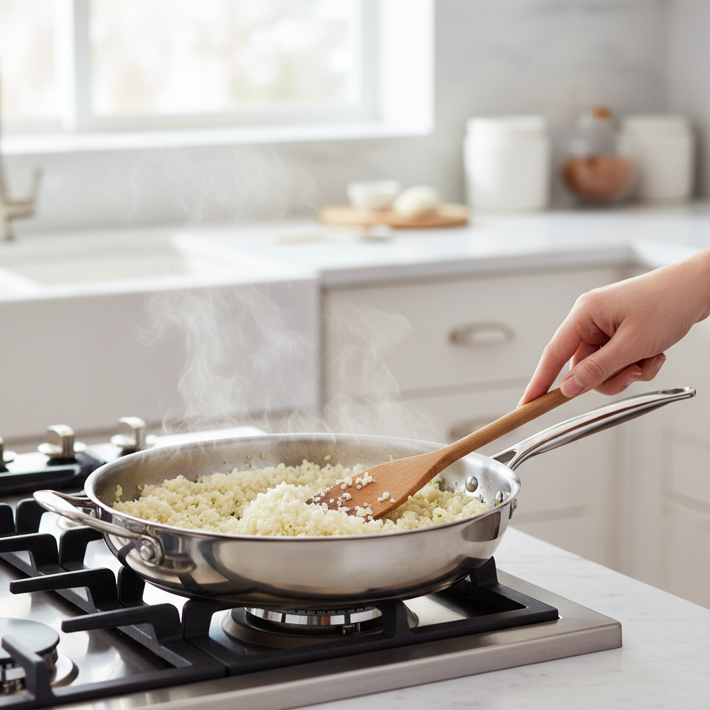 Fluffy low carb cauliflower rice in a skillet with steam