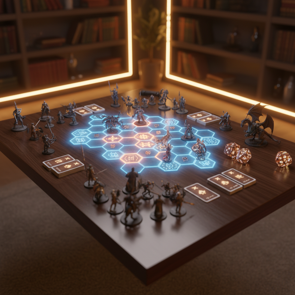 Cozy tabletop dungeon board game scene in VR with miniatures and dice
