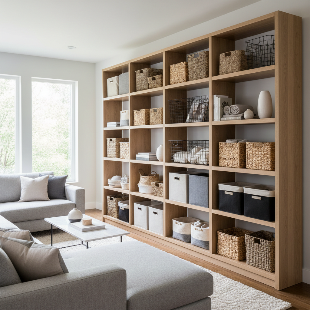 Decorative storage baskets styled on open shelving in a modern living room