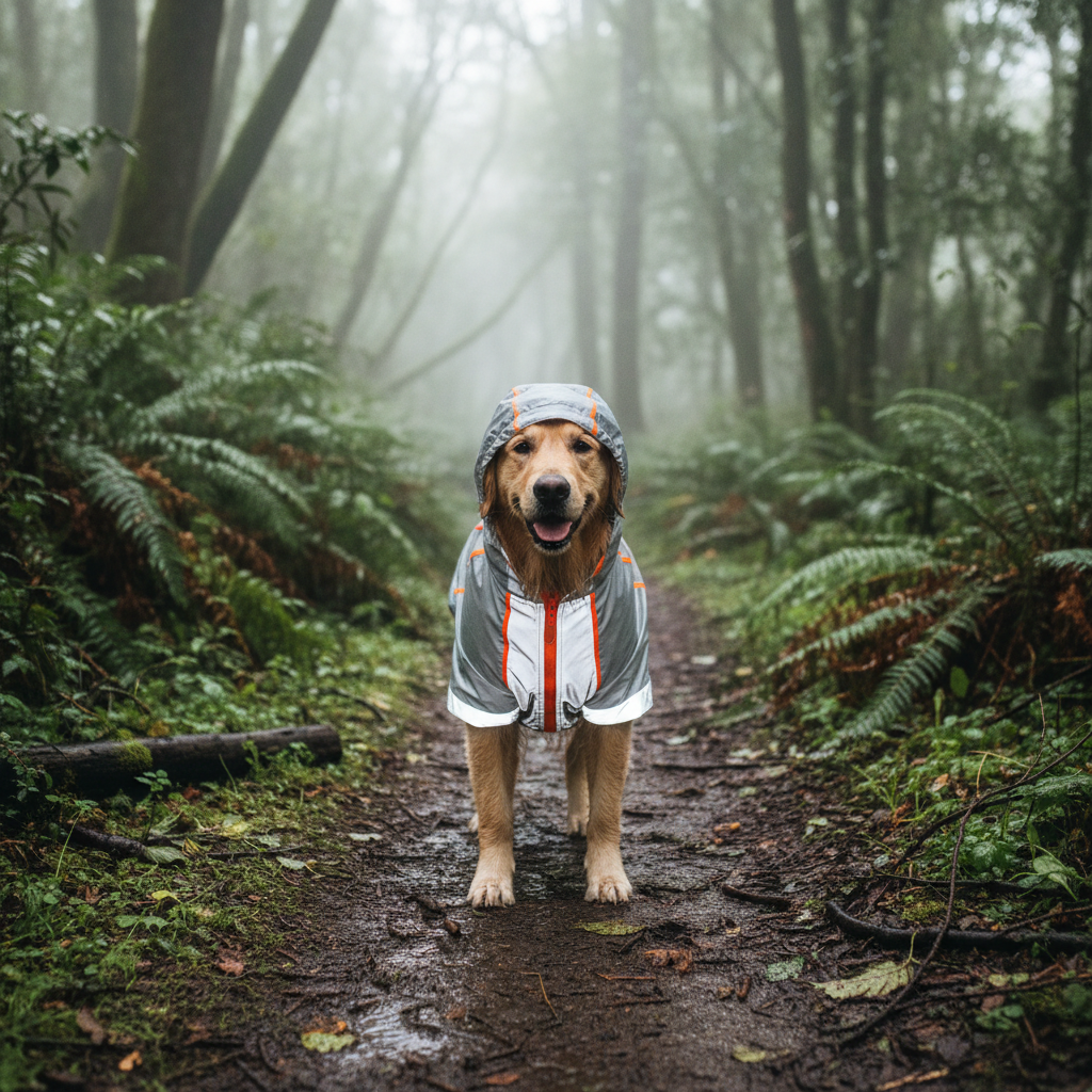 Dog wearing reflective rain jacket on a wet forest trail with soft overcast light