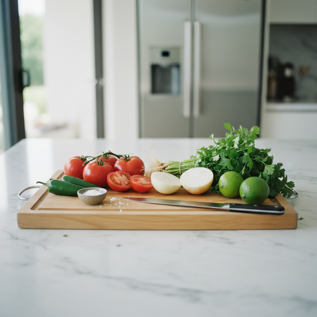 Fresh tomato salsa ingredients on a kitchen counter