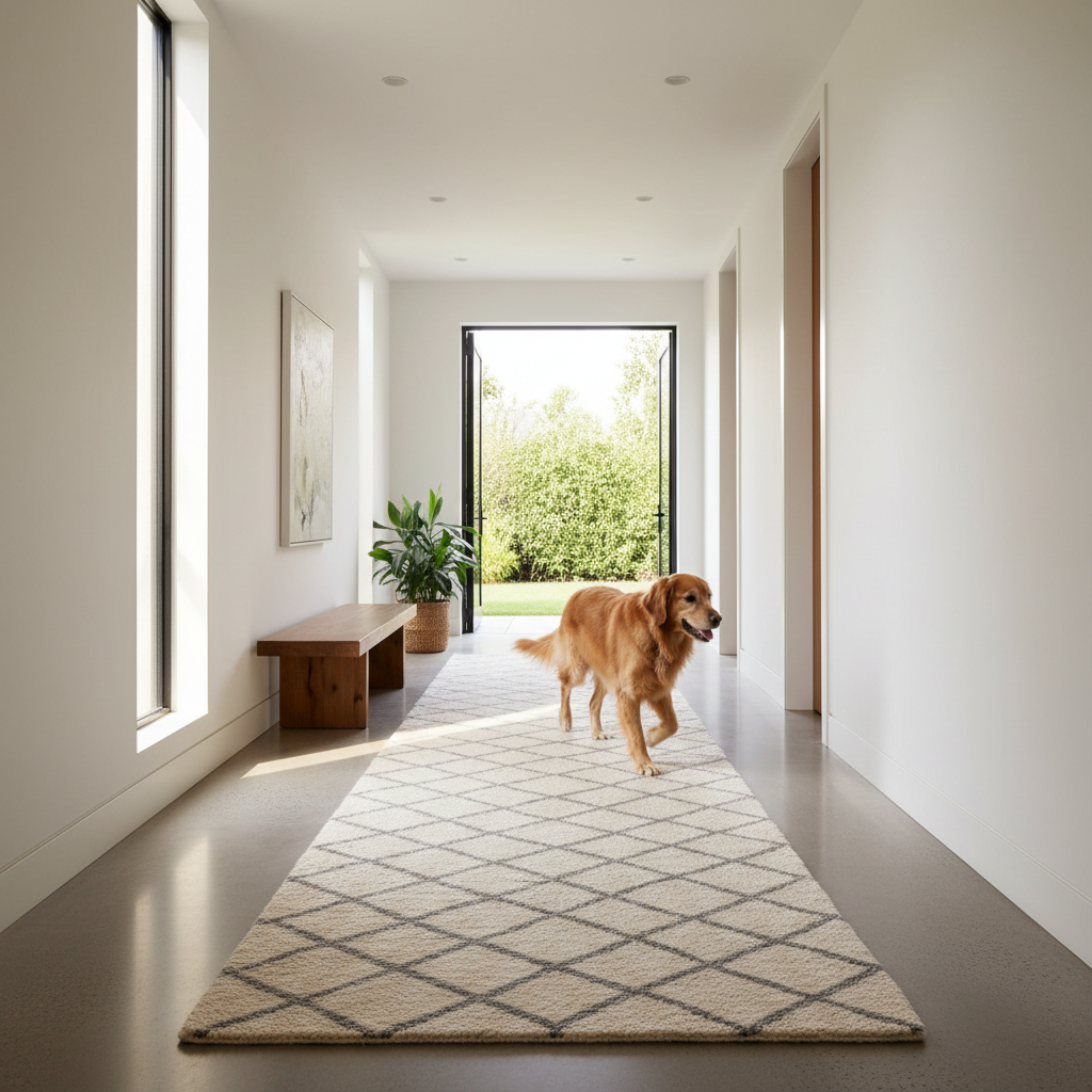 Dog walking comfortably on a rug runner for better traction in a home hallway