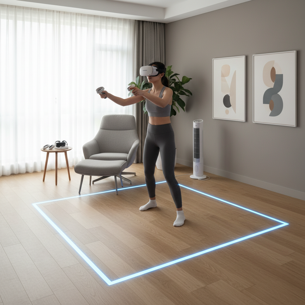 Comfortable VR play setup with fan, clear play space, and seated option