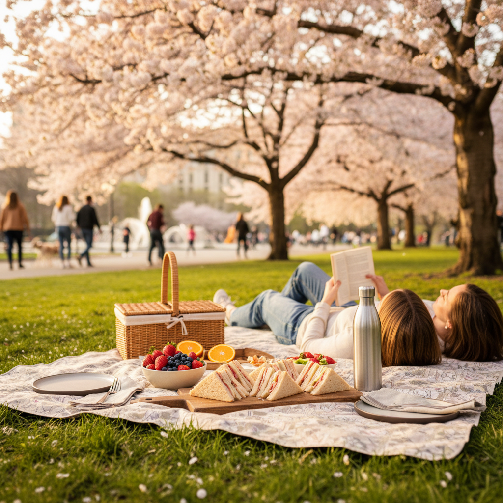 Relaxing spring picnic in a park with cherry blossoms and a simple meal