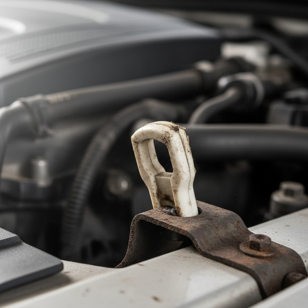 Close-up of worn hood prop rod clip and mounting point