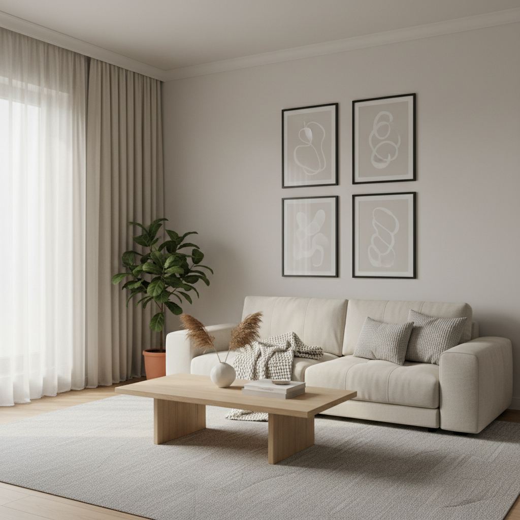 Minimalist rental living room with removable wall art and neutral textiles
