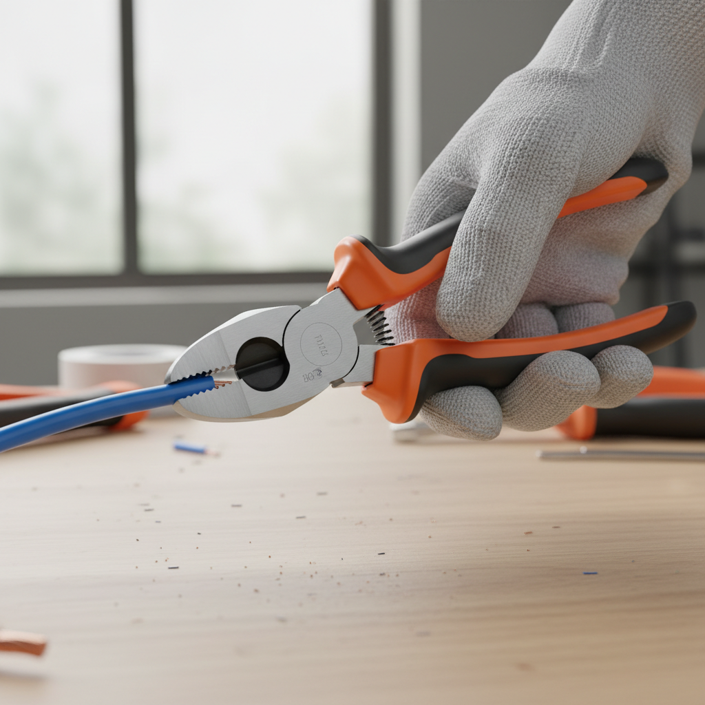 Hand using pliers to grip and cut electrical wire on a workbench