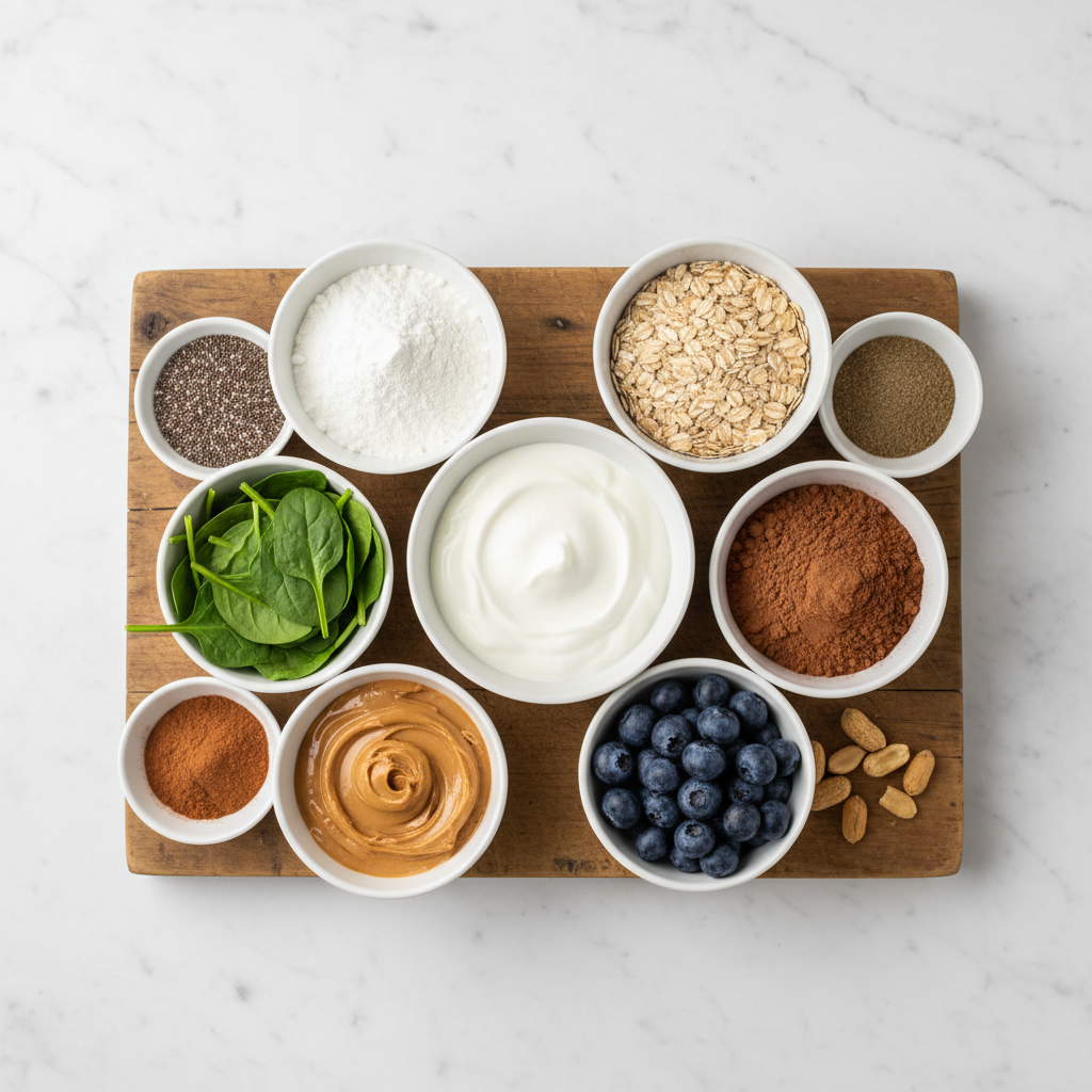 Banana smoothie customization add-ins laid out in small bowls