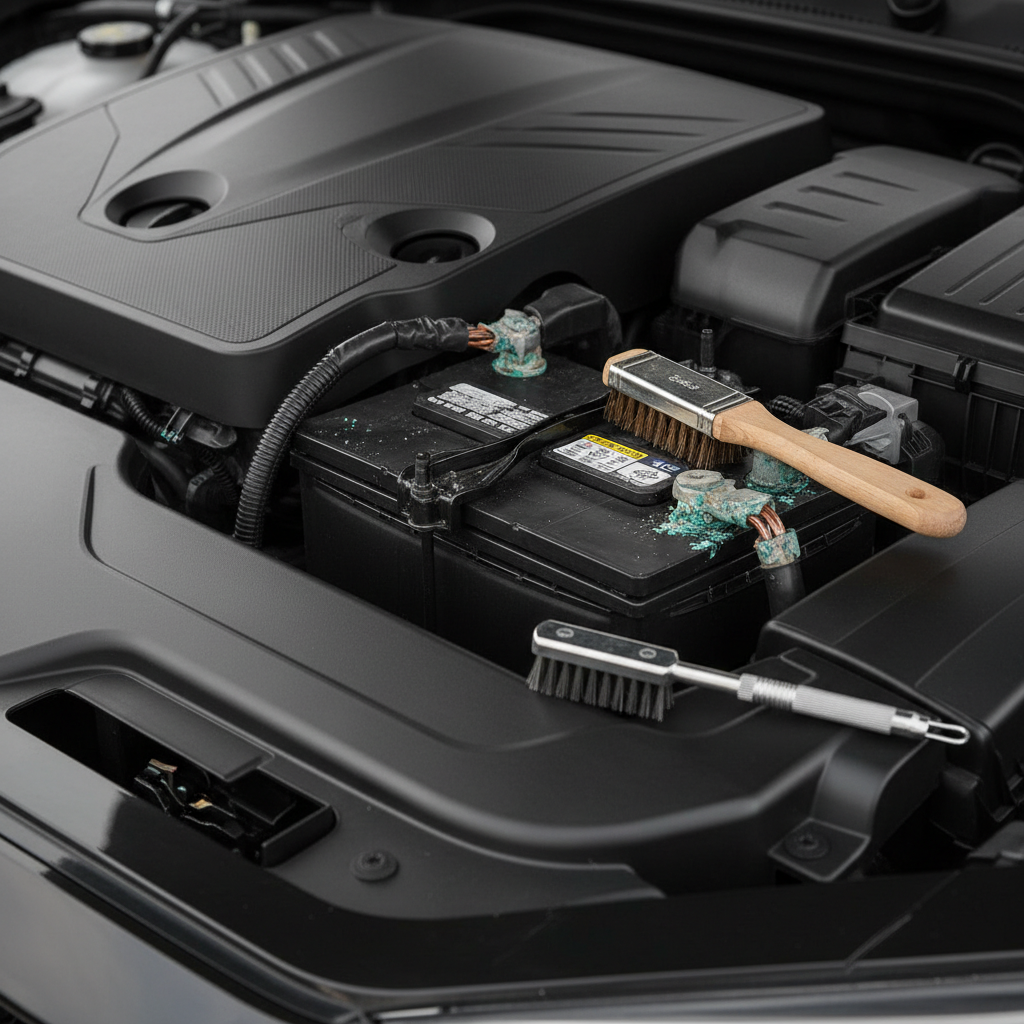 Car battery terminals with visible corrosion and a wire brush for cleaning