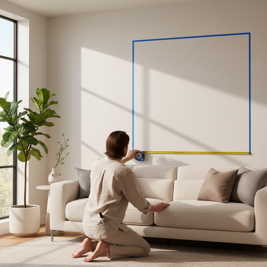 Person measuring wall art placement above living room sofa with painter’s tape